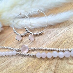 Bracelet et créoles quartz rose