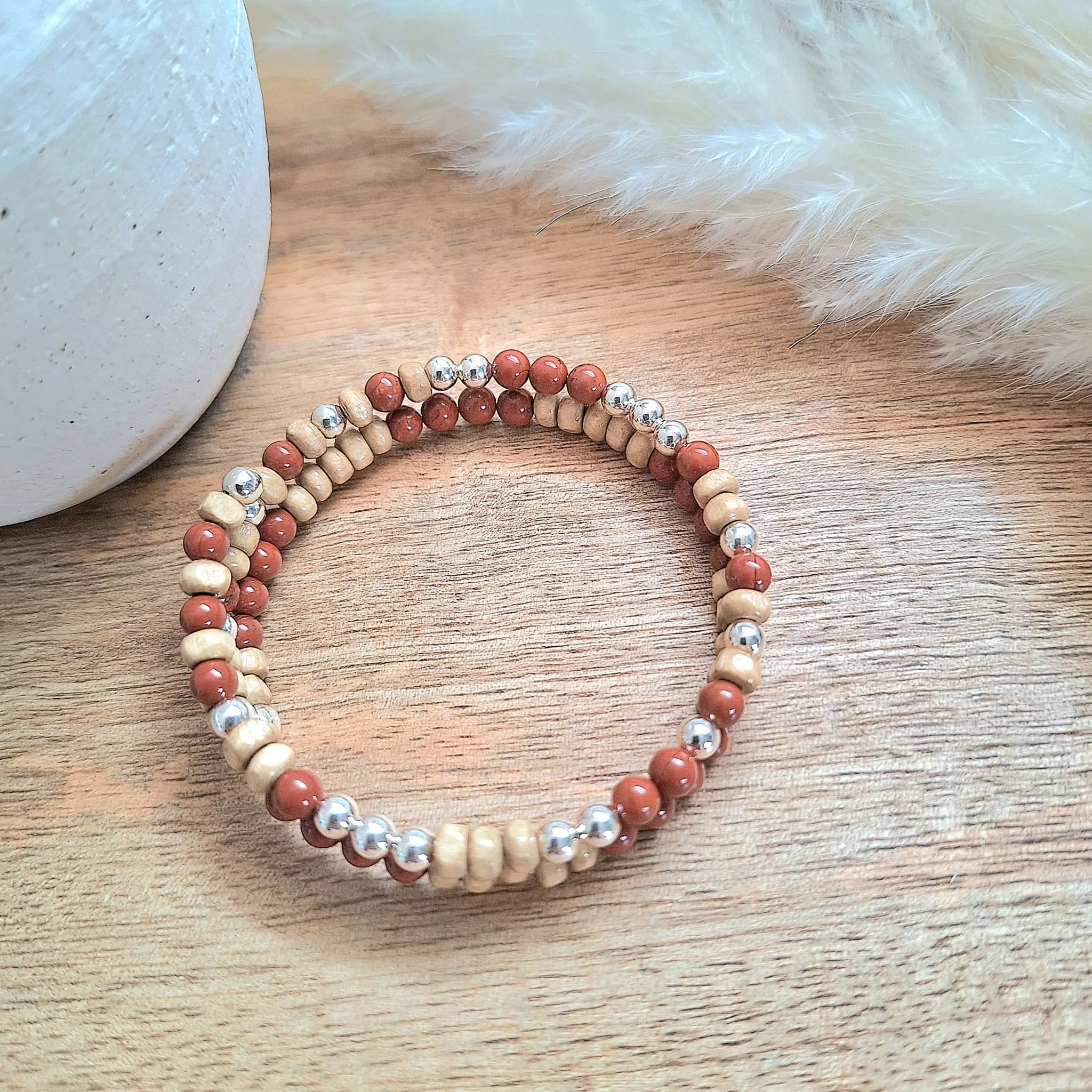Bracelet Amara, Argent, bois et Jaspe rouge