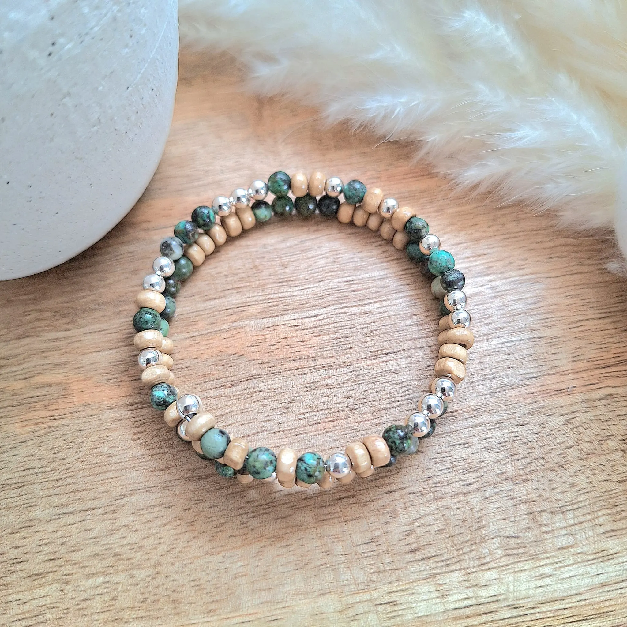 Bracelet Talis, Argent, bois et Turquoise d'Afrique